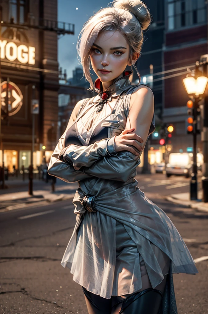 stunning girlfriend, (standing:1.1), dynamic pose, heart shaped face, elegant face, beautiful face, highly detailed face, highly detailed skin, skin pores, subsurface scattering, realistic pupils, loving smile, looking at viewer, full face blush, full lips, detailed background, depth of field, atmospheric perspective, volumetric lighting, sharp focus, absurdres, realistic proportions, good anatomy, (realistic, hyperrealistic:1.4), 16k hdr, cowboy shot, solo, 1girl, rwbywinter, expressionless, closed mouth, looking at viewer, crossed arms, hair over one eye, single hair bun, t-shirt, yoga pants, standing on veranda