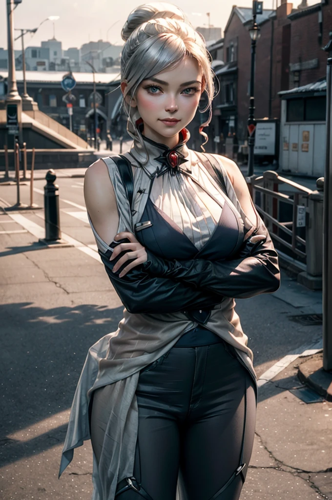 stunning girlfriend, (standing:1.1), dynamic pose, heart shaped face, elegant face, beautiful face, highly detailed face, highly detailed skin, skin pores, subsurface scattering, realistic pupils, loving smile, looking at viewer, full face blush, full lips, detailed background, depth of field, atmospheric perspective, volumetric lighting, sharp focus, absurdres, realistic proportions, good anatomy, (realistic, hyperrealistic:1.4), 16k hdr, cowboy shot, solo, 1girl, rwbywinter, expressionless, closed mouth, looking at viewer, crossed arms, hair over one eye, single hair bun, t-shirt, yoga pants, standing on veranda
