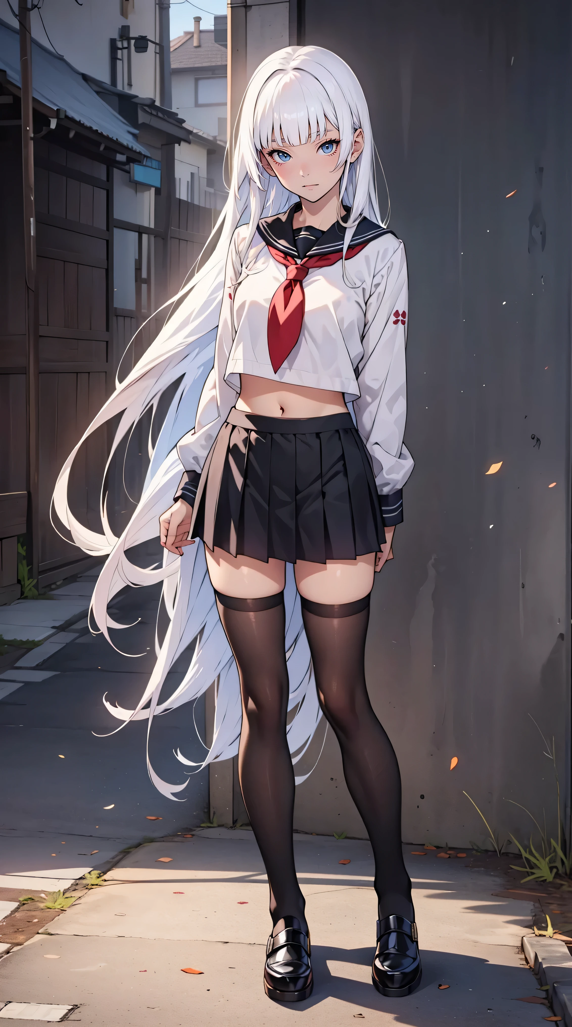((a sailor suit)),to stand,((Full body)),top-quality、​masterpiece、Hi-Res、(((1人)))、masutepiece, quality of hike,(White background)、(a white girl) ,animesque,2D、((white  hair))、blue eyess,albino,Princess style,Straight hair,hime-cut,bluntbangs,Draped Hair,cascading hair,Flowing hair,(black thighhighs socks)),lowfers,(slender)、No background、open belly、Black pleated skirt,