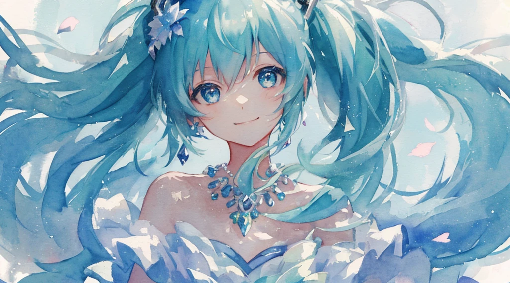 (watercolor paiting: 1.2), top-quality, illustratio, bloo, Platinum Earrings, Platinum Necklace, white dres, 1 Hatsune Miku, cute little, Happy smile(Dynamic lighting:1.2), lighting like a movie, delicated facial features, A detailed eye, Sharp pupils, Realistic pupils，depth of fields, bokeh dof, foco nítido, (ultra-detailliert, bloom, Glow:1.4), Many Small Gems