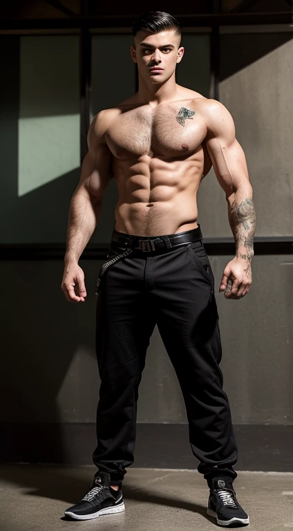 Harry Potter black belt, 18 years old, low taper fade haircut, black hair, intense green eyes fixed, intense gaze, affiliated features, no facial hair, height 1.90, weight 96 kg, muscular build, broad shoulders, V-shaped body, tattoos in Arms , full body focus, completely hairless,