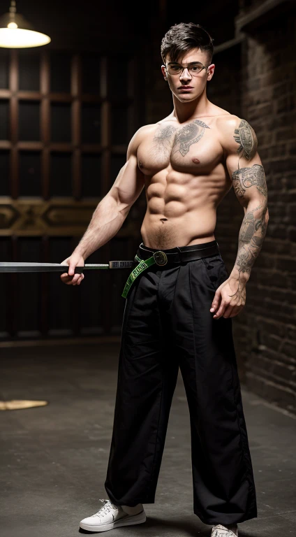 Harry Potter black belt, 18 years old, low taper fade haircut, black hair, intense green eyes fixed, intense gaze, affiliated features, no facial hair, height 1.90, weight 96 kg, muscular build, broad shoulders, V-shaped body, tattoos in Arms , full body focus, completely hairless,