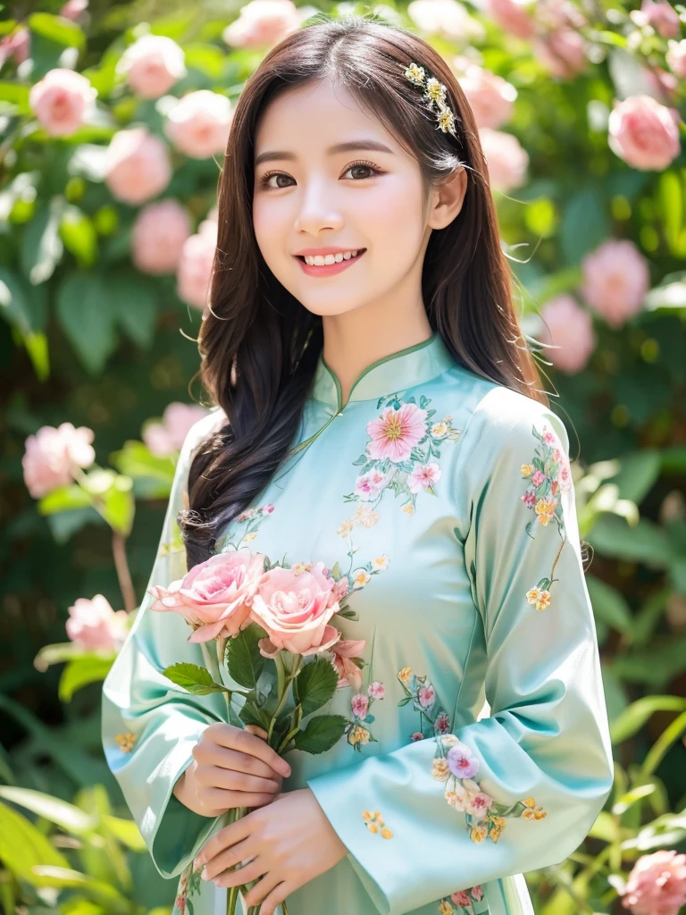 traditional clothes ,goldem ao dai, ao dai, vietnamese girl, vietnam, vietnamese, satin, pretty girl, wide smile , long hair, Realistic lighting, delicate face, cute expression, Body perfect anatomy,Top Quality, 8K Resolution , full body , realistic , real human , High quality, shiny ao dai  , realistic , Cinematic, Aesthetic , satin aodai, detailed and beautiful face and eyes,beautiful woman, floral patterns, flowers, flower design, flower pattern, cute woman