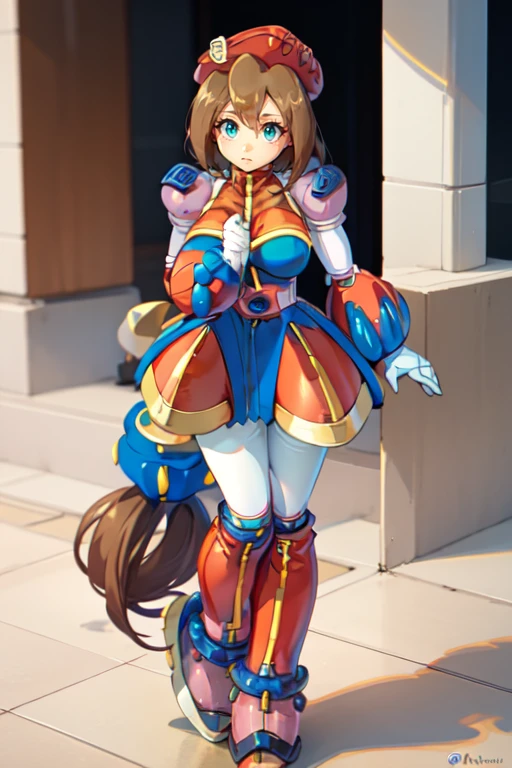 High definition masterpiece megaman iris x4 Asian features athletic body brown hair color hairstyle wears her hair down she is wearing a red beret wide hips, big breasts upright pose facial expression sad knight&#39;s futuristic combat armor red color green details on the armor poses looking at the horizon with his hands on his chest