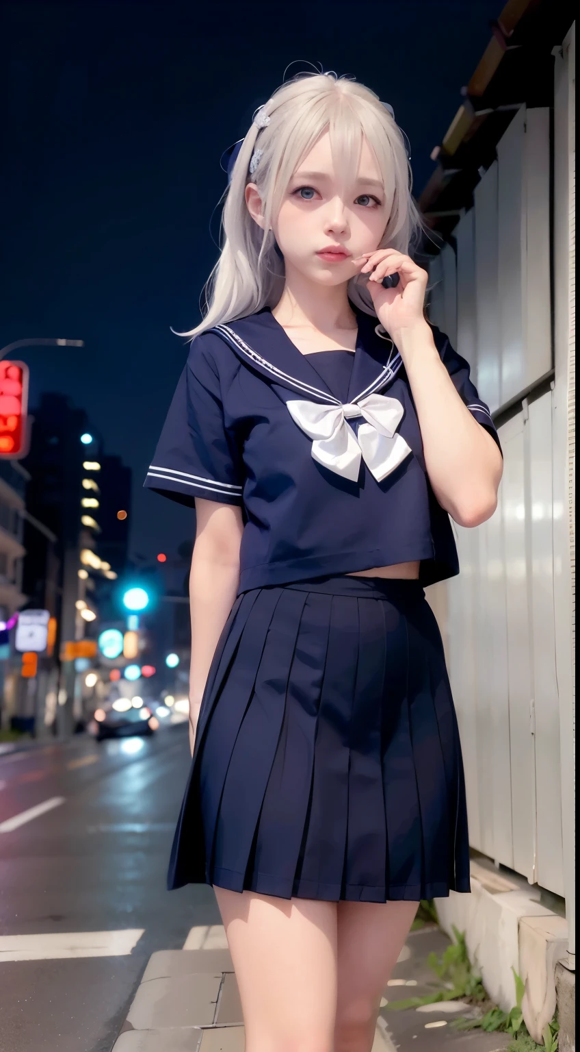 (8k, RAW photo, best quality, masterpiece:1.3),(realistic,photo-realistic:1.37),(night),(looking at viewer:1.331),(white hair),posing,Tokyo street,nightcityscape, cyberpunk city,soft light,1girl,extremely beautiful face,bust,put down hands,Random hairstyle,Random expression,big eyes, ,lower abdomen,(lshort-sleeved JK_sailor),JK_style,(dark blue JK_skirt) ,(bow JK_tie),mix4