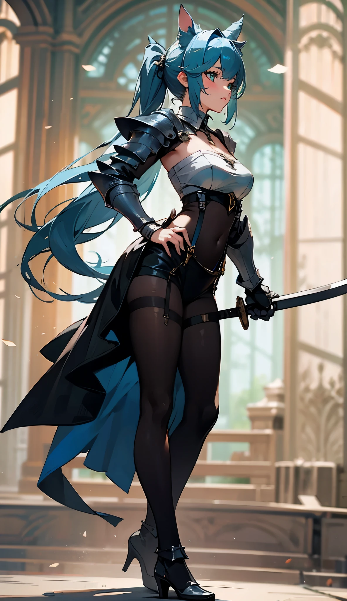 Medieval female knight, Wearing black and blue tube top armor,cat ear,pony tails ,black suspenders stockings,Long sword masterpiece, The beautiful