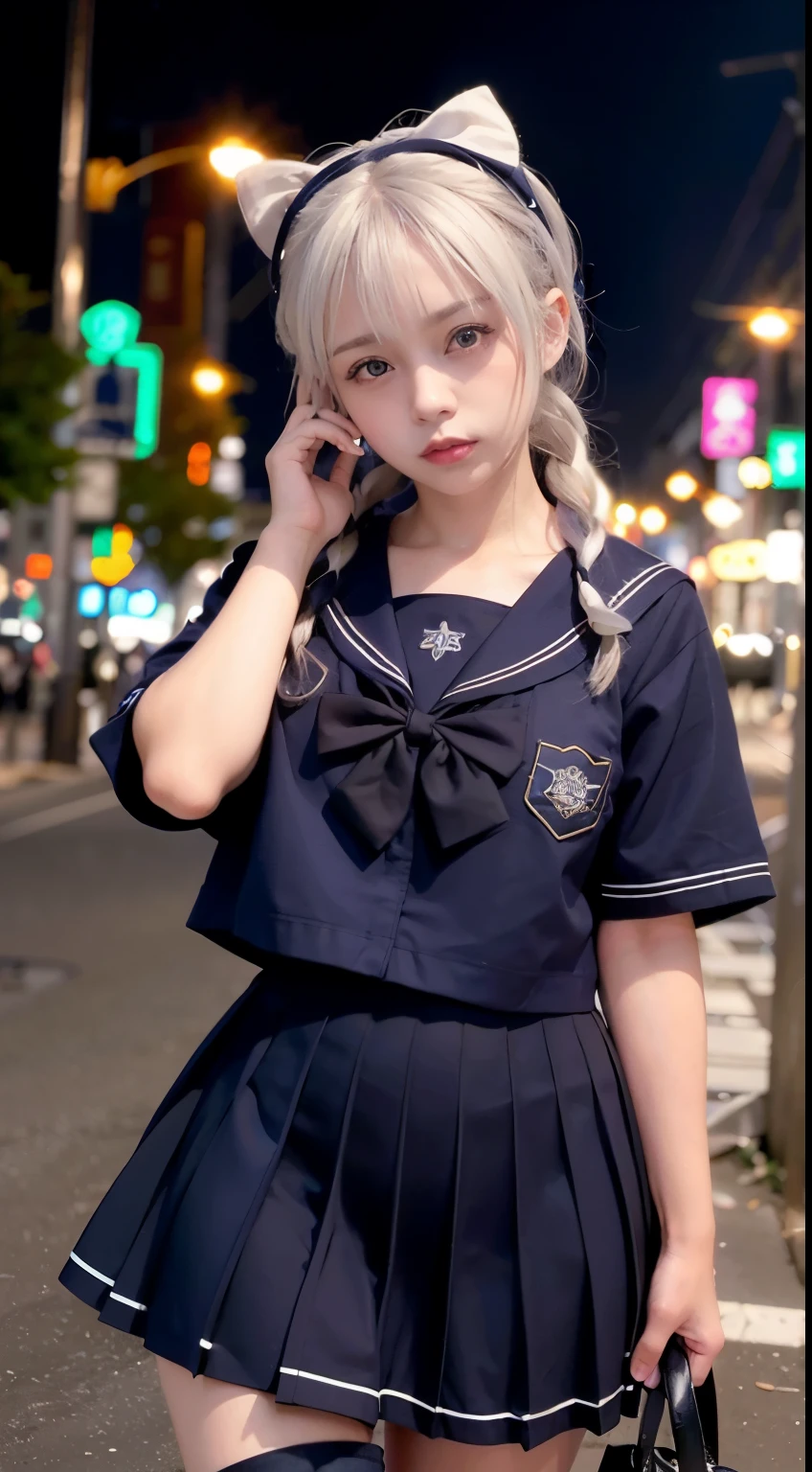 (8k, RAW photo, best quality, masterpiece:1.3),(realistic,photo-realistic:1.37),(night),(looking at viewer:1.331),(white hair),posing,Tokyo street,nightcityscape, cyberpunk city,soft light,1girl,extremely beautiful face,bust,put down hands,Random hairstyle,Random expression,big eyes, ,lower abdomen,(lshort-sleeved JK_sailor),JK_style,(dark blue JK_skirt) ,(bow JK_tie),mix4