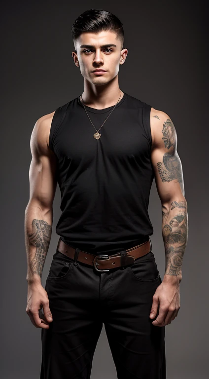 Harry Potter black belt, 18 years old, low taper fade haircut, black hair, intense green eyes rectos, intense gaze, affiliated features, small, straight nose,no facial hair, height 1.90, weight 96 kg, muscular build, broad shoulders, V-shaped body, tattoos in Arms , full body focus, completely hairless,