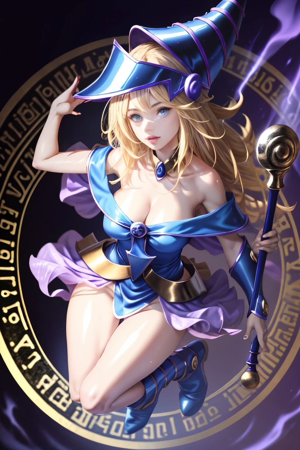 ultra-detailed, extremely detailed, masterpiece, highest quality, best quality, absurdres, highres, dark magician girl, (1girl:1.2), solo, detailed face, dynamic pose, hair flow, (full body:1.1), blonde hair, long hair, looking at viewer, green eyes, skindentation, detailed skin, skin pores, (shiny skin, glossy skin:1.1), rosy skin details, breasts, nail polish, skirt, blue footwear, blue headwear, wizard hat, wand, holding hat, (blue panties:0.9), (summoning circle:1.1), hexagram, pentacle, pentagram, yu-gi-oh!, duel monster, purple magic field, glow, detailed background, intricate background,