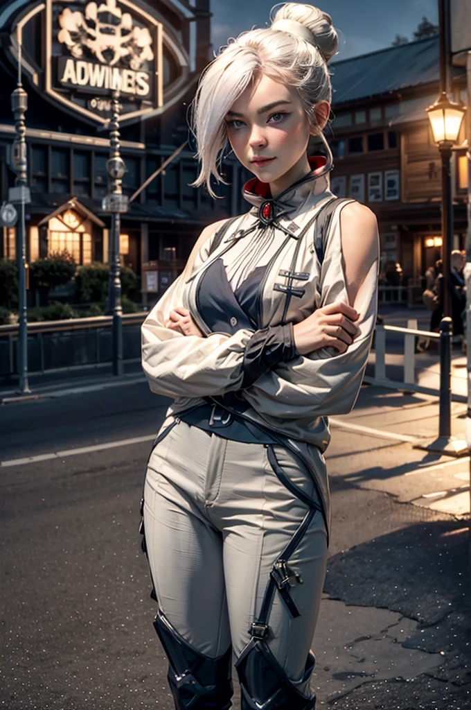 stunning girlfriend, (standing:1.1), dynamic pose, heart shaped face, elegant face, beautiful face, highly detailed face, highly detailed skin, skin pores, subsurface scattering, realistic pupils, loving smile, looking at viewer, full face blush, full lips, detailed background, depth of field, atmospheric perspective, volumetric lighting, sharp focus, absurdres, realistic proportions, good anatomy, (realistic, hyperrealistic:1.4), 16k hdr, cowboy shot, solo, 1girl, rwbywinter, expressionless, closed mouth, looking at viewer, crossed arms, hair over one eye, single hair bun, ski jacket, ski pants boots, standing near ski lodge, crowd, ski slope