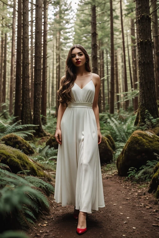 best quality,best lighting,whole body,a woman with long hair and a red lip is standing in a forest with trees and rocks in the background