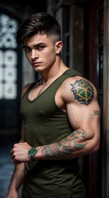 Harry Potter soldier, 18 years old, low taper fade haircut, black hair, intense green eyes rectos, intense gaze, affiliated features, small, straight nose,no facial hair, height 1.90, weight 96 kg, muscular build, broad shoulders, V-shaped body, tattoos in Arms , full body focus, completely hairless,
