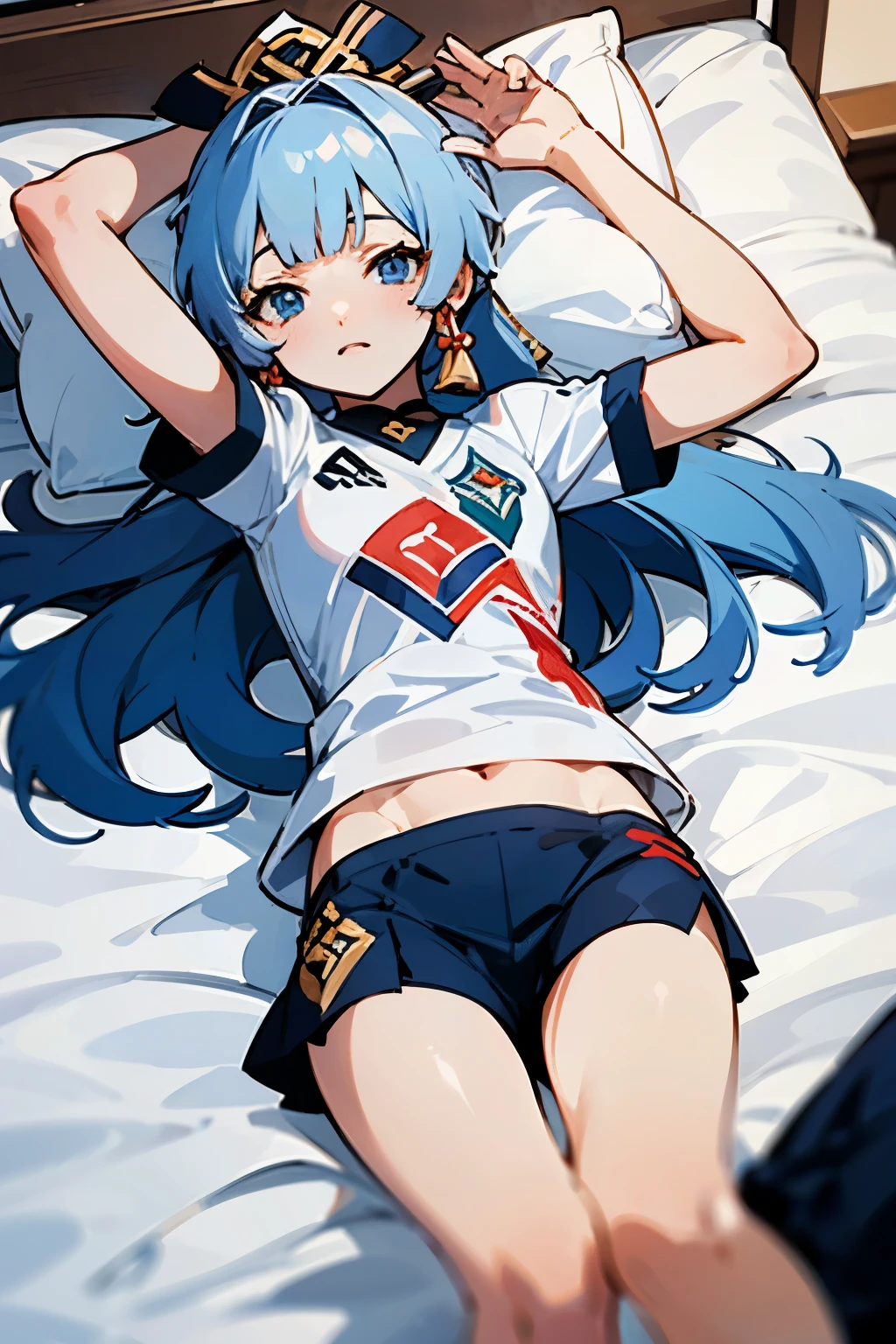 Genshin impact character kamisato ayaka blue eyes withe long hair wearing fluminense fc shirt lying on bed legs open skirtless