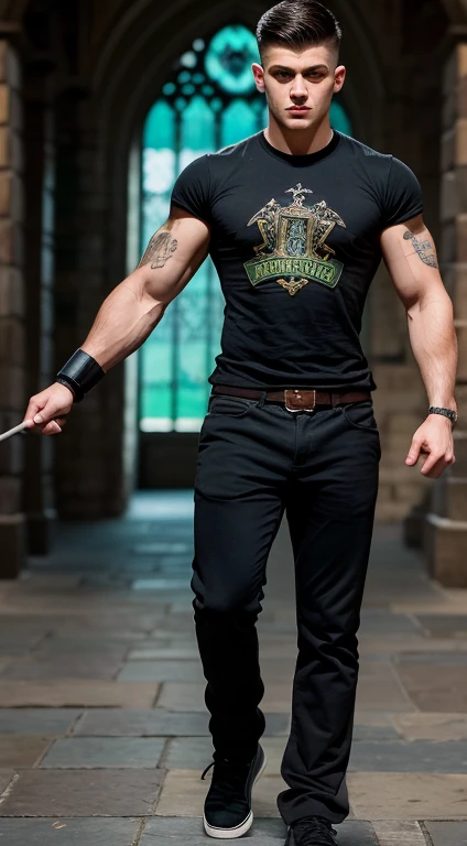 Harry Potter strong warrior, 18 years old, low taper fade haircut, black hair, intense green eyes rectos, intense gaze, affiliated features, small, straight nose,no facial hair, height 1.90, weight 96 kg, muscular build, broad shoulders, V-shaped body, tattoos in Arms , full body focus, completely hairless,