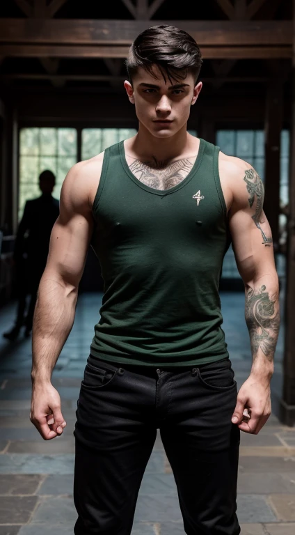 Harry Potter strong warrior, 18 years old, low taper fade haircut, black hair, intense green eyes rectos, intense gaze, affiliated features, small, straight nose,no facial hair, height 1.90, weight 96 kg, muscular build, broad shoulders, V-shaped body, tattoos in Arms , full body focus, completely hairless,
