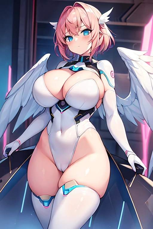 1girl, large breasts, breasts, thick thighs, wide hips, pink hair, very short hair, hair ornament, ornament, blue eyes, white bodysuit, bodysuit, futuristic, science-fiction, tech, machinery, angel wings, thigh strap, cutout, hip vent, cleavage, serious, glowing eyes, cameltoe