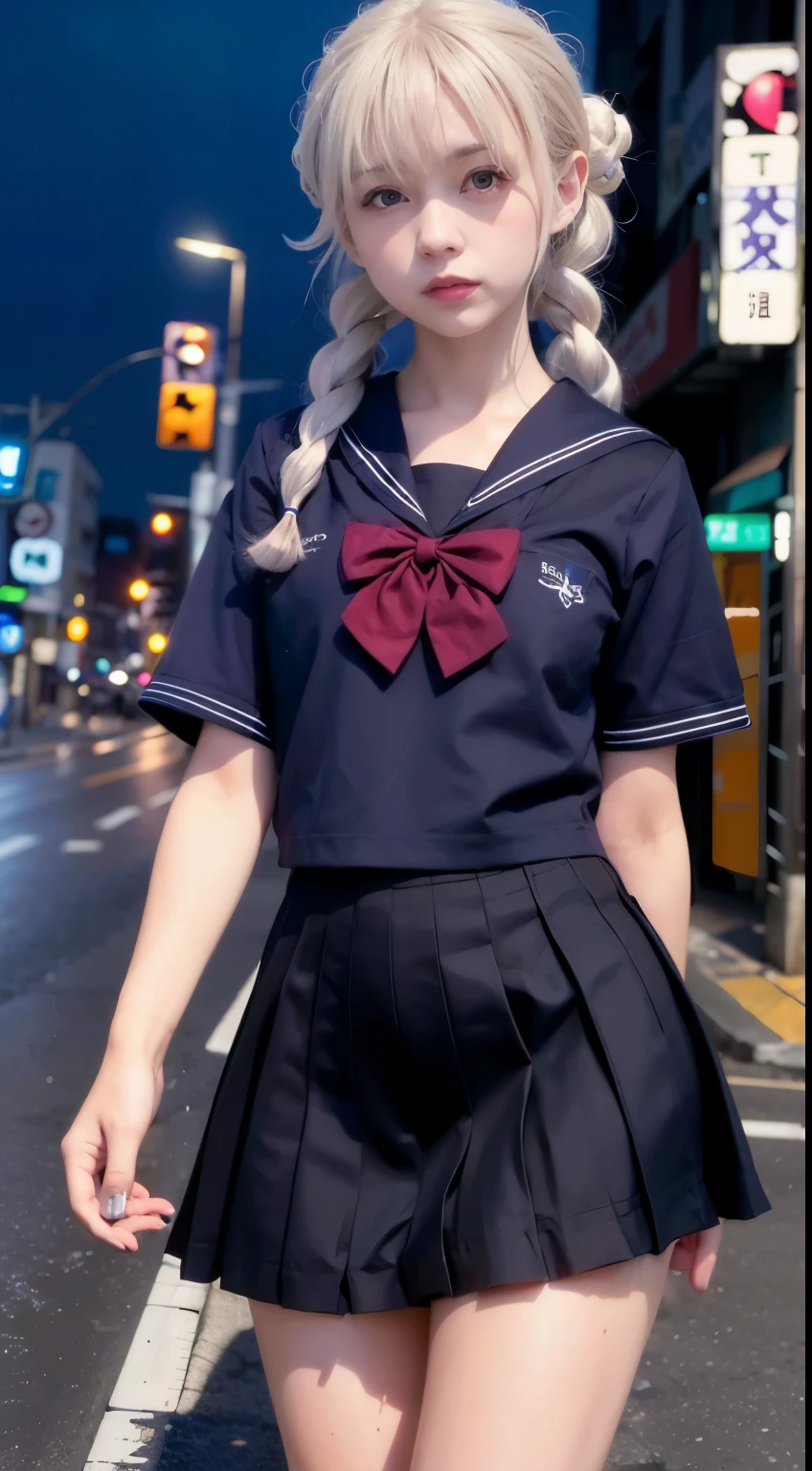 (8k, RAW photo, best quality, masterpiece:1.3),(realistic,photo-realistic:1.37),(night),(looking at viewer:1.331),(white hair),posing,Tokyo street,nightcityscape, cyberpunk city,soft light,1girl,extremely beautiful face,bust,put down hands,Random hairstyle,Random expression,big eyes, ,lower abdomen,(lshort-sleeved JK_sailor),JK_style,(dark blue JK_skirt) ,(bow JK_tie),mix4