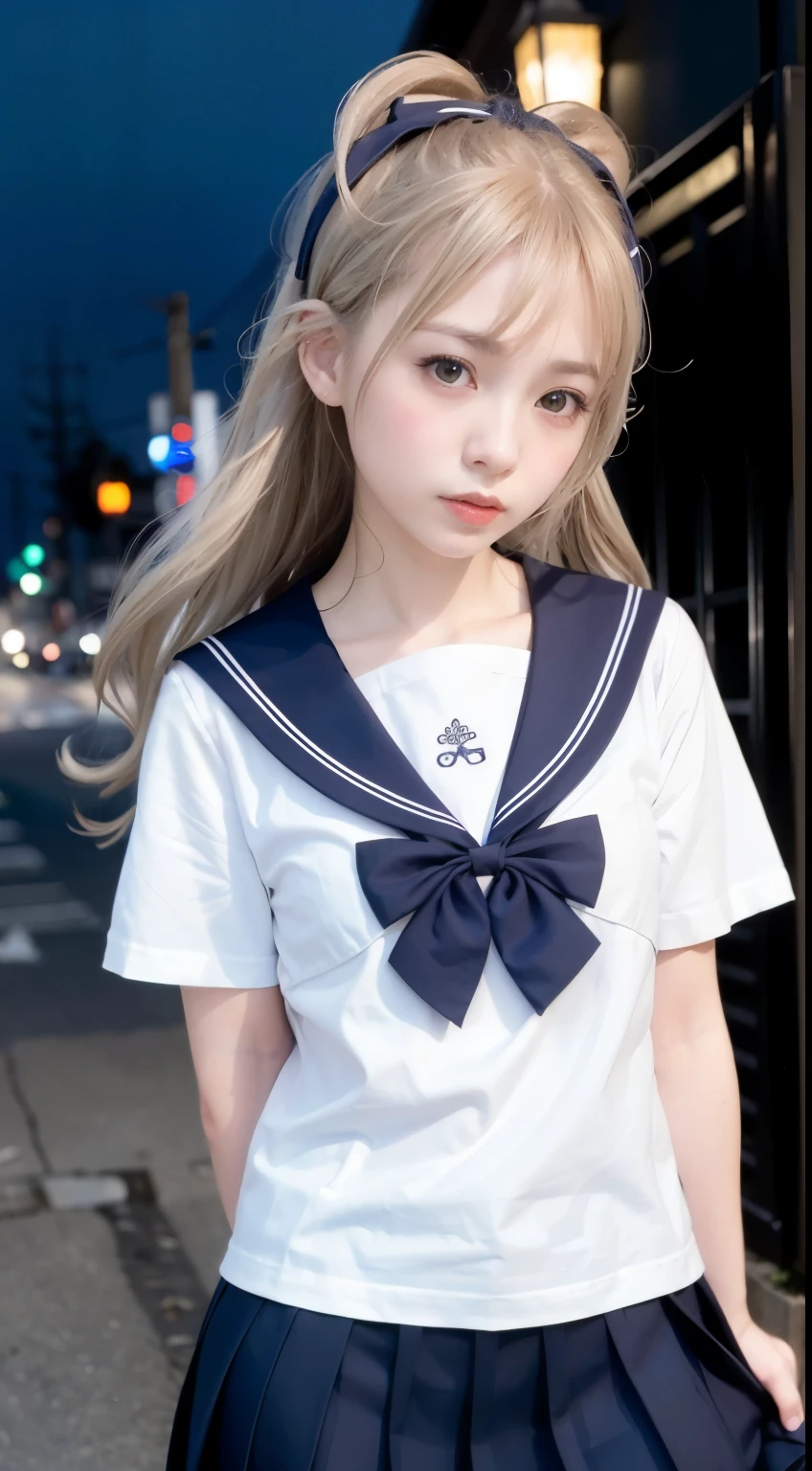 (8k, RAW photo, best quality, masterpiece:1.3),(realistic,photo-realistic:1.37),(night),(looking at viewer:1.331),(white hair),posing,Tokyo street,nightcityscape, cyberpunk city,soft light,1girl,extremely beautiful face,bust,put down hands,Random hairstyle,Random expression,big eyes, ,lower abdomen,(lshort-sleeved JK_sailor),JK_style,(dark blue JK_skirt) ,(bow JK_tie),mix4