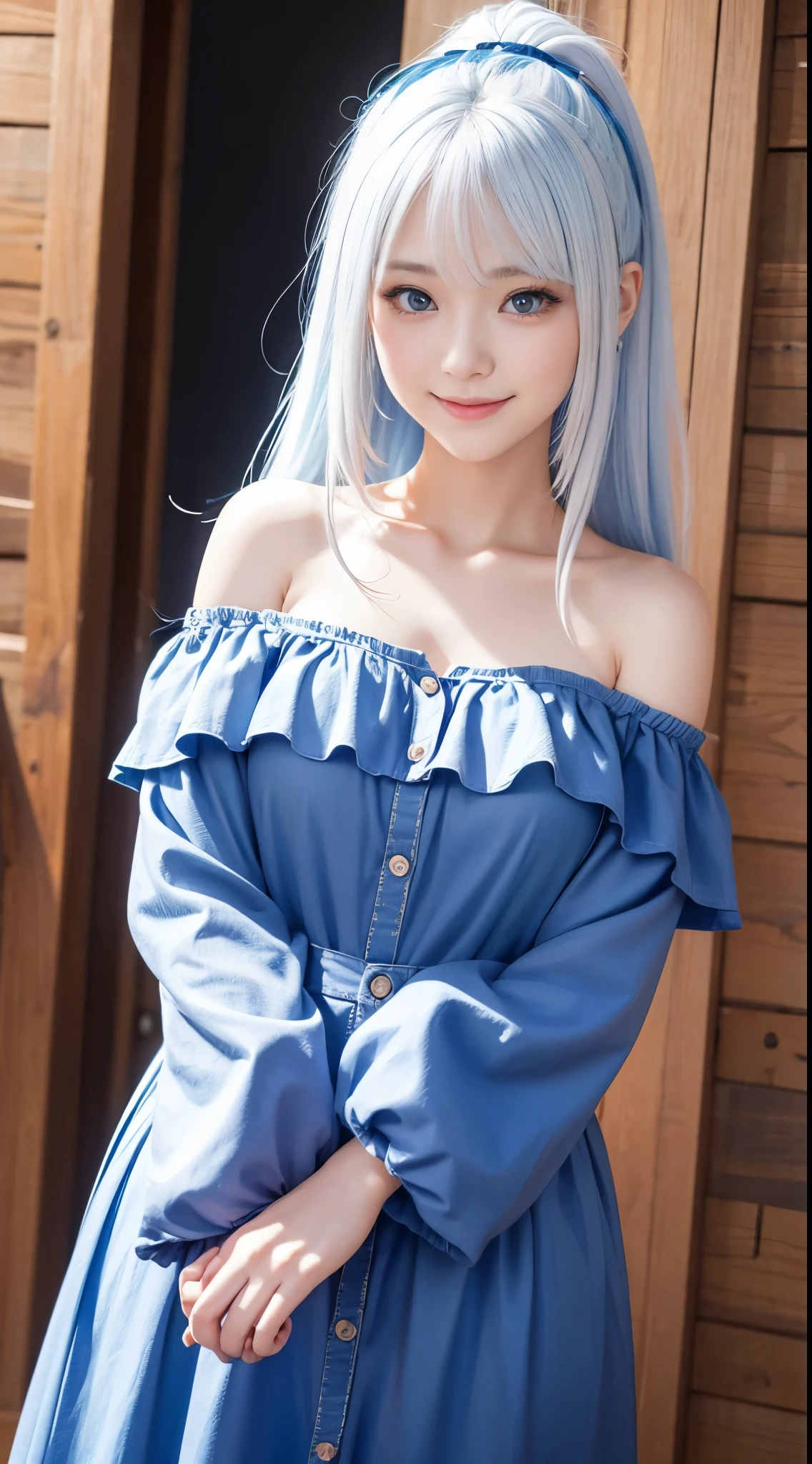 an anime girl, ((a 25yo woman))、A smile、Her eyes are big and curious, She was excited and happy to see me, Beautiful eyes, White and blue hair, Pink eyes, good art, Good drawings, 2D Anime, 2D, Cute, 2 hands and 5 fingers on each hand, Beautiful hands, Good hands are drawn, 4K, 8K, Blue Off Shoulder