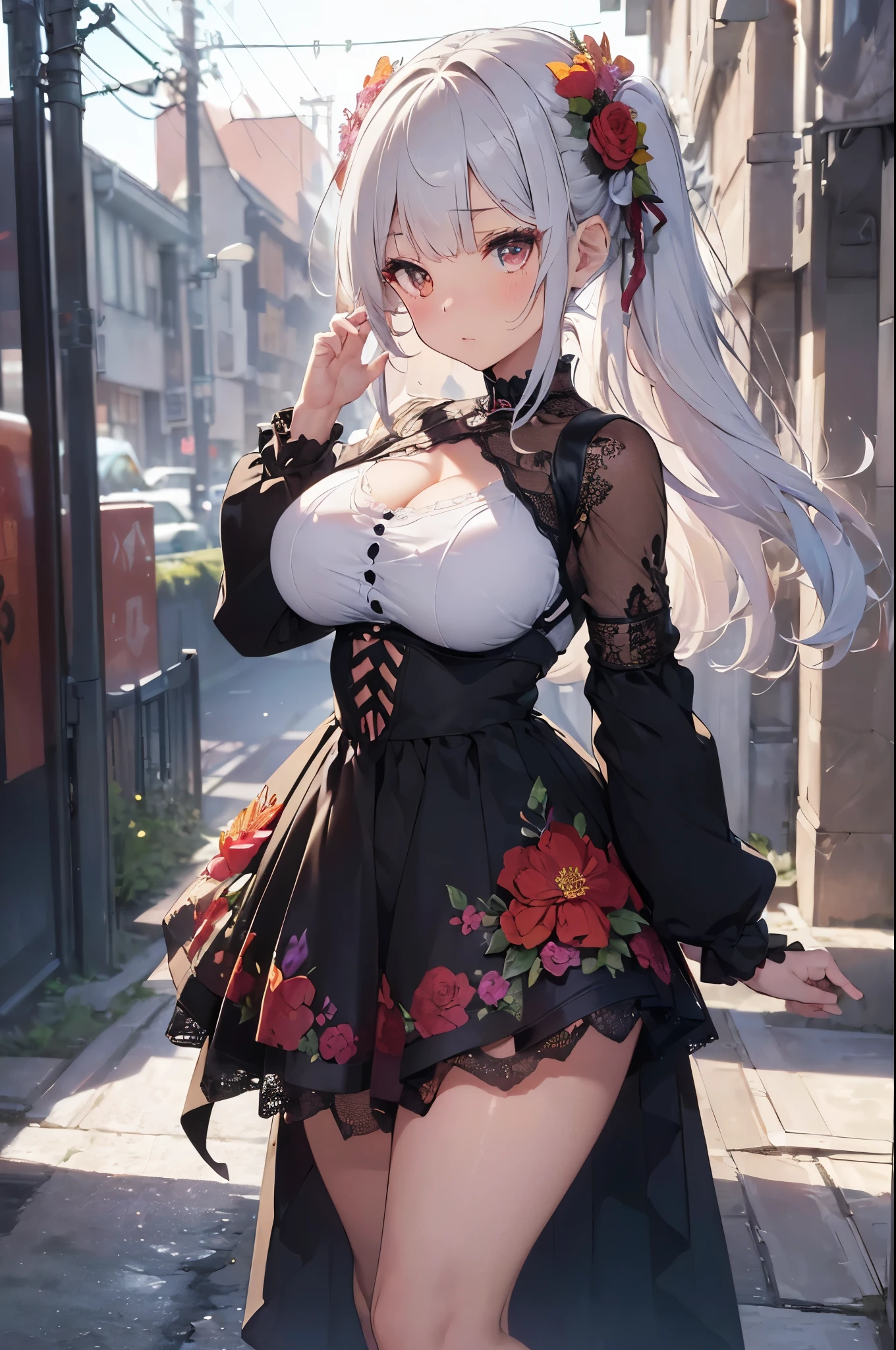 (top quality, masterpiece,best quality:1.2, high_resolution:1.2,ultra details:1.2,extreme quality,sharp focus,highres, soft lighting,best quality,hyper detailed), (1girl, solo, white hair, short layers hair, heavy makeup, blush:1.2, grunge style, (big breasts:1.2), looking at viewer), (pornographic, (short dress composed of mecha and colorful crystals,lace,round floral framed,decorated with complex patternreasts out:1.2, Thick thighs, nsfw:1), (full body:1.2, ((front view))), (standing, interior mecha, hell hound), (beautiful light, bokeh:1.2)