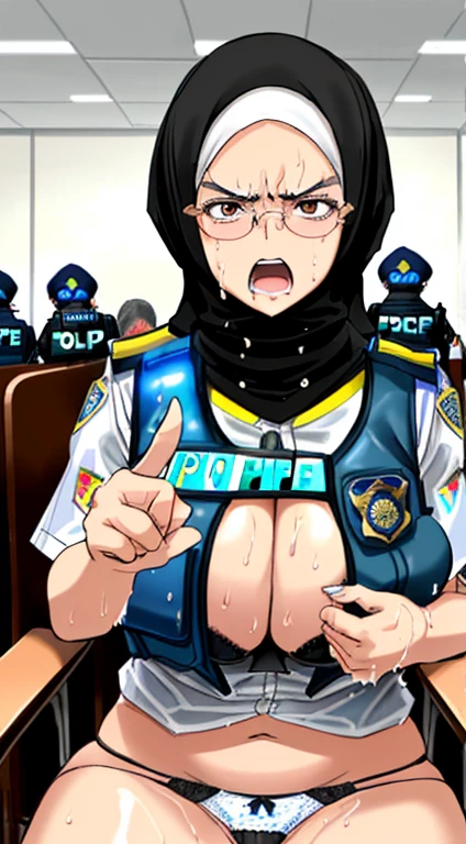 Photo of a milf asian female, police woman with saggy breast (((sitting))) & (((got interrogation))) on the chair inside (abandoned building), 40yo, busty body, tall body, tanned skin, dimples, light, detailed face, embarrassed face, ((looking disgusted)), ((very angry)), (dissapointed), open mouth, (scream), (((pointed to viewer))), (Perfect breasts, big breasts, natural breasts, big nipples, G cup, (((hijab))), (((glasses))),(((((open police vest))))), (((police bra))), (((police panties))), (sweat:1.0), (wet)