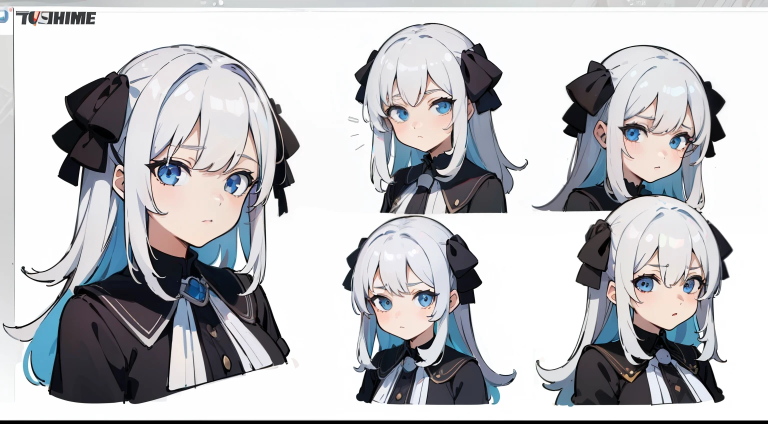 ((Masterpiece, Highest quality)), Detailed face, character sheets, full bodyesbian, 1Girl,((Tsurime)),shoun，children's，Babe， Blue eyes, White hair,  medium hai , hair between eye,Black  blouse, Full of details, Multiple poses and expressions, Highly detailed, Depth, Many parts