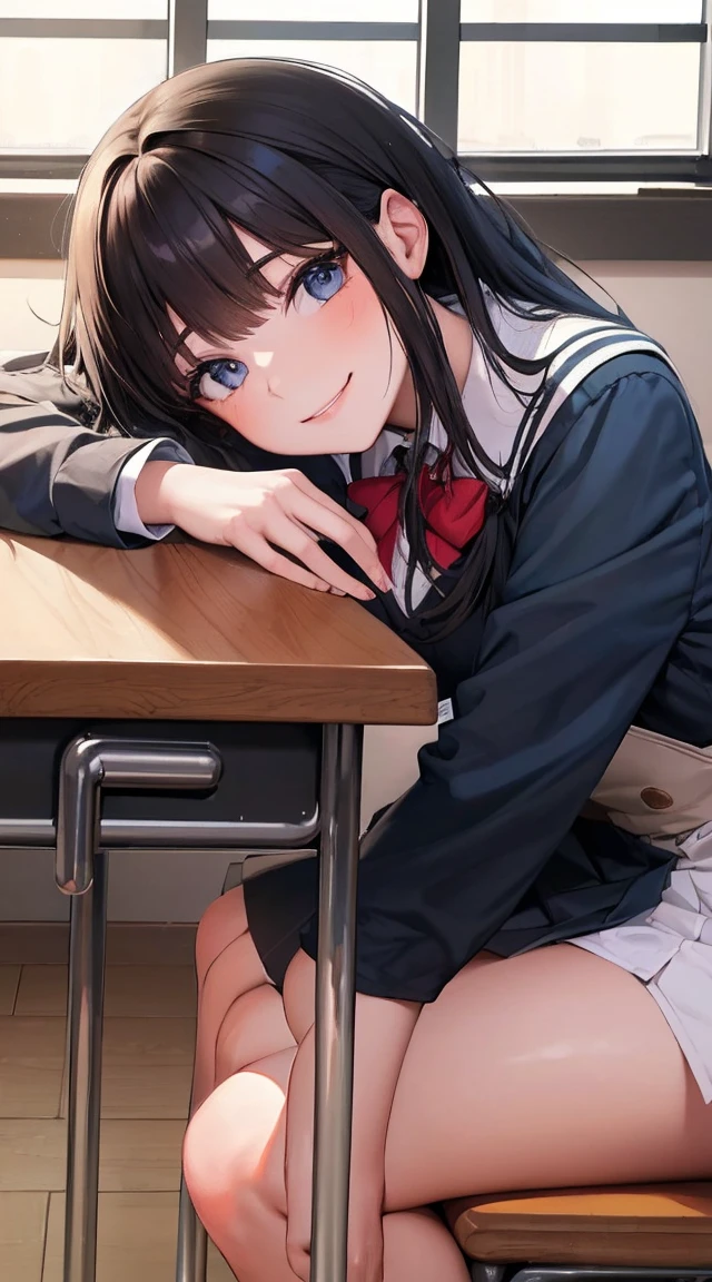 (Best quality, 8k, 32k, Masterpiece, UHD:1.3) Young people, group of three girls, 3girl, 1desk, school uniforms, happily chatting, smiling, classroom,(talk)