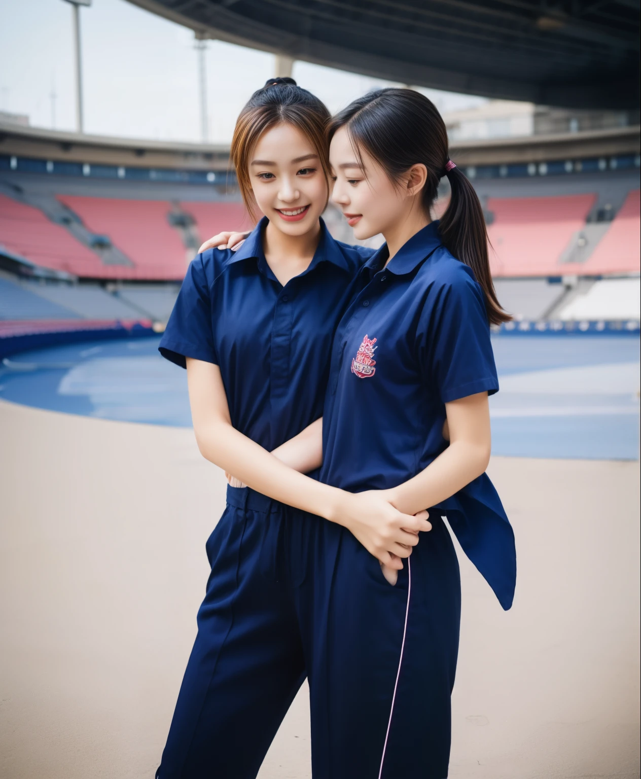 (bestquality,10,10,highres,masterpiece:1.2),ultra-detail,(Realistic,ภาพRealistic,photo-realistic:1.37),1 Cute girl in the football field,oily shiny skin,bara,light smile,BDclothelue shirt:1.3)),short sleeves,shirt, trousers.,(navy_long_ติดตามtrousers:1.1), ((Stadium Background:1.3)),dynamic angle,excited,face focus,Dynamic Poses,from behide,Ass Focus,masterpiece, bestquality, ultra realistic, hyper-detail, 8k resolution, RAW photo, crisp focus, ((Navy blue shirt:1.1)), short sleeves, เส้นทางlong, Complete bodyแบบ, 2 mature women, 18yo, cinematic light,trousersวอร์มสีน้ําเงิน,Gymware,Correct anatomy,Complete body, Correct body, sharp face, Correct bodyทางกายวิภาค, full entire body, Realistic gestures, long-haired, Realistic poses,Wear long shorts...........................................,ช่วงขาlong,Shapely,Sculpting Girl, Slender Figure, mannequin mannequins, Shapely, Beautiful body,trousersวอร์มสีน้ําเงิน, Two girls kissing