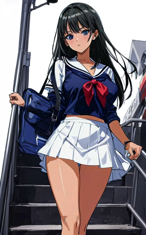 A beautiful woman with shoulder-length black hair, big breasts, beautiful legs, and a sharp face is standing on the school stairs wearing a sailor uniform with a white miniskirt and showing light blue and blue striped panties.。