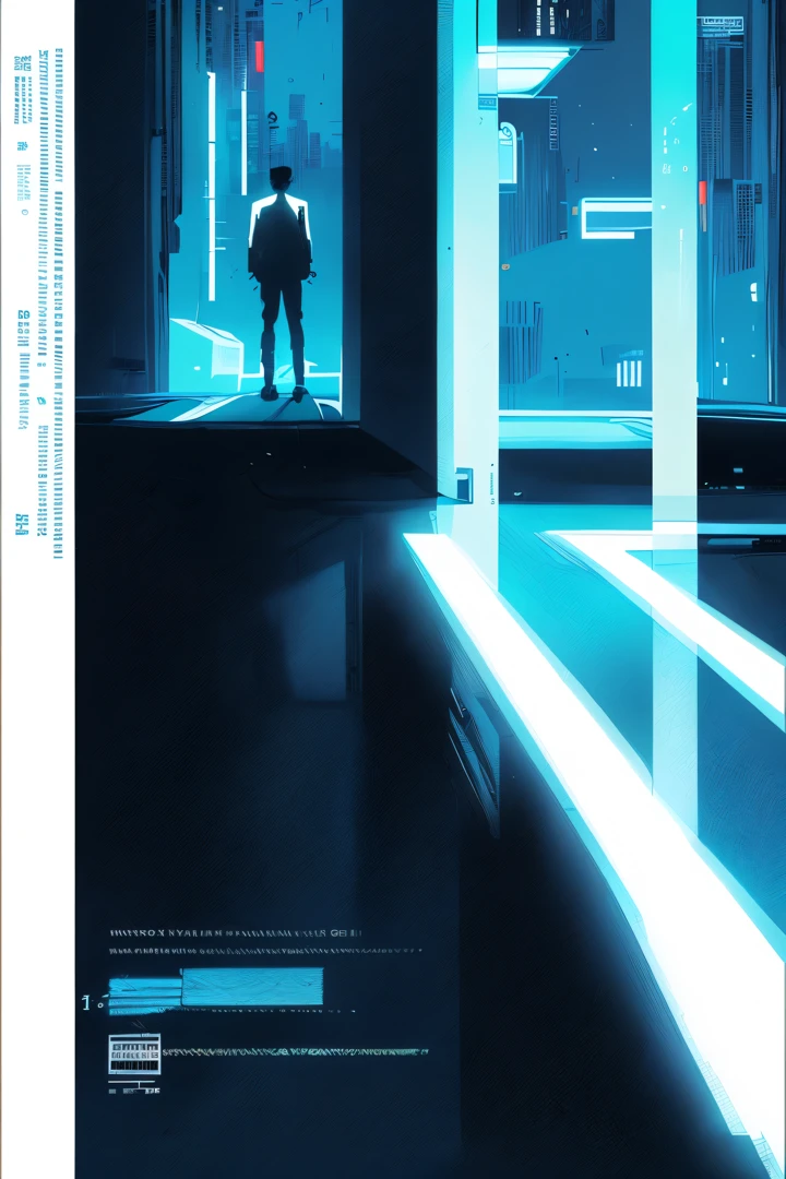 there is a man standing in a room with a blue light, inspired by Liam Wong, inspired by Bill Sienkiewicz, inspired by Ryoji Ikeda, cover art of graphic novel, movie poster with no text, illustration!, drawn in a neo - noir style, graphic novel cover art, inspired by Kilian Eng, poster illustration