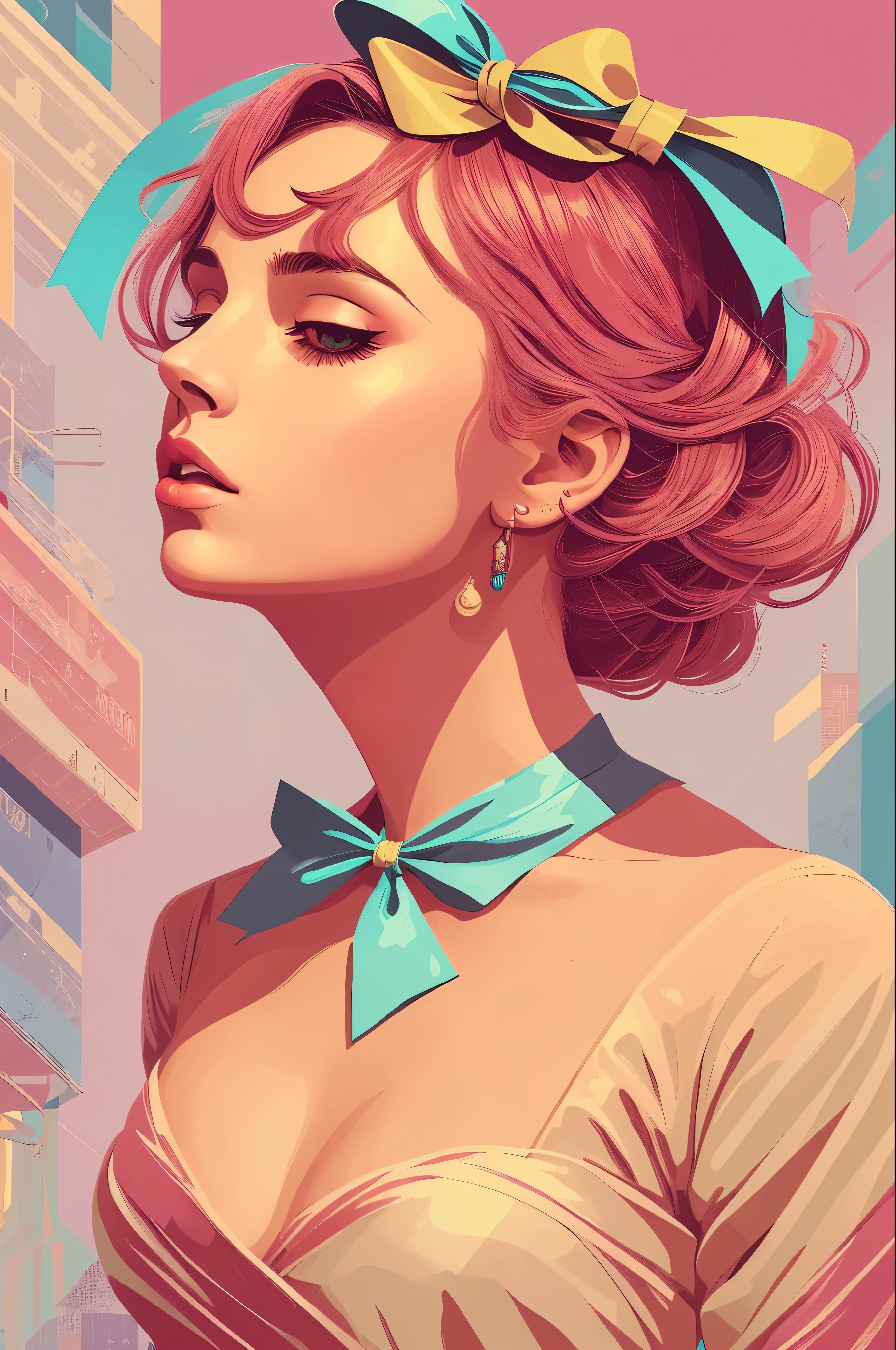 illustration of a woman with a ribbon wrapped around her head, martin ansin artwork portrait, martin ansin, stunning digital illustration, james gilleard artwork, poster illustration, inspired by Mike Winkelmann, inspired by Petros Afshar, by Matthew D. Wilson, exquisite imaginative poster art, by Matthijs Naiveu, a beautiful artwork illustration, beautiful digital illustration