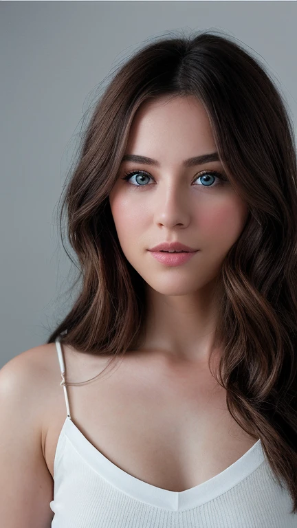 a Realistic photo of a d4k0t4 woman, long hair, looking at viewer, blue eyeackground, brown hair, white background, closed mouth, portrait, realistic, soft lighting, professional Photography, Photorealistic, detailed, inside a dark Studio Room background, blurred background, RAW, analog, sharp focus, 8k, HD, DSLR, high quality, Fujifilm XT3, film grain, award winning, masterpiece