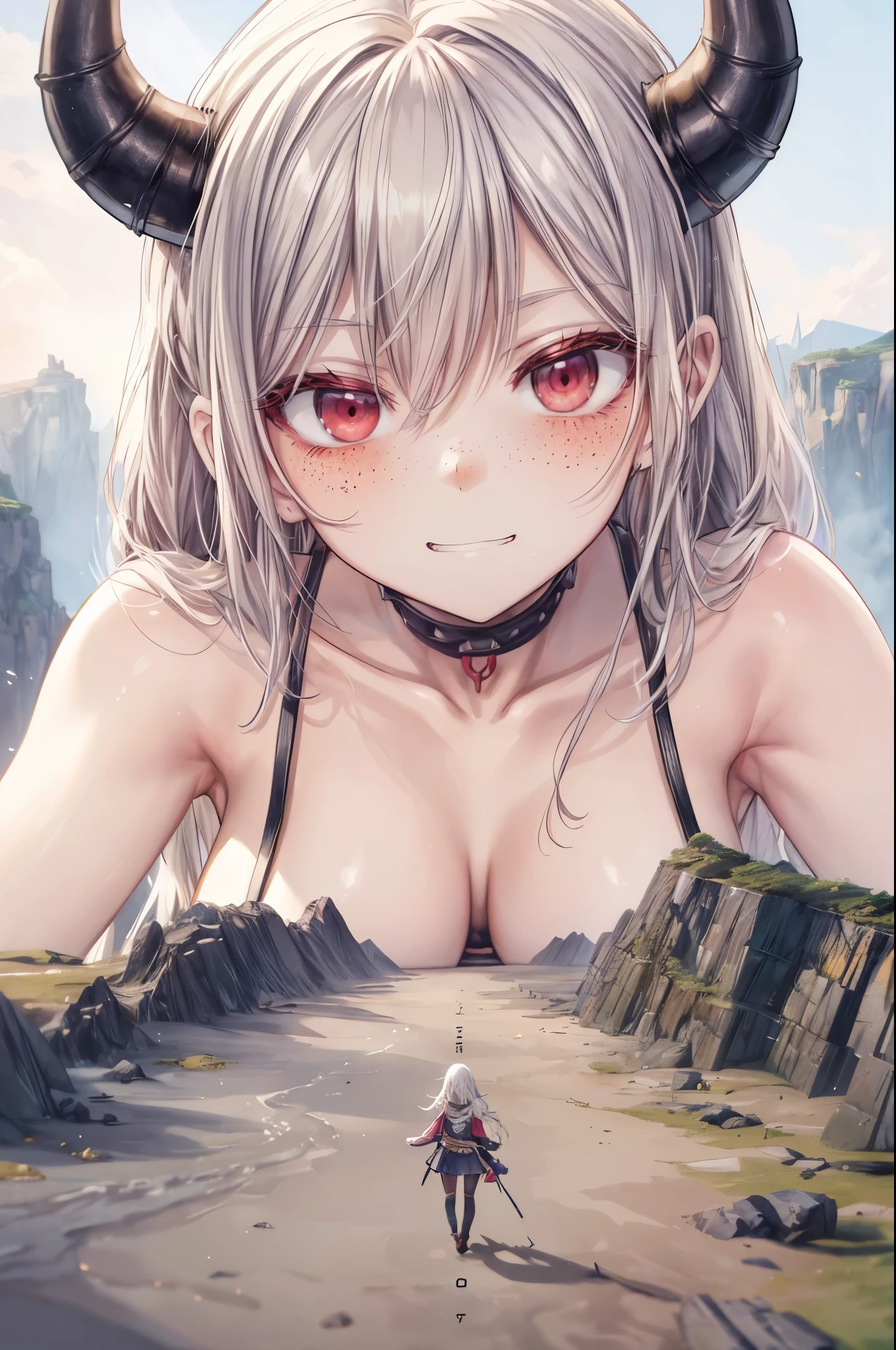 (tiny armies of people on a cliff in front of a giantess breasts: 1.2), (a tiny army on a tiny hill in front of the breasts of a giantess: 1.2), a giantess looming over a tiny army on a tiny hill, (tiny adventurers: 1.1), (crowds of tiny armies on a tiny cliff in front of a girl: 1.1), (crowds of tiny armies on a cliff: 1.1), giantess girls in the background, simple background, (dark deep dungeon cave:1.3), giantess girls in the background, multiple girls, (giantess:1.1), horns, Demon girl, (giantess:1.2), collarbone, bare shoulders,  hills, cliffs, mountains, (crowds:1.4), tiny knights, wizards, fantasy, very detailed, beautiful, professionally drawn, bright sky, shiny detailed breasts, (perfect beautiful skin), slight smile, smug,