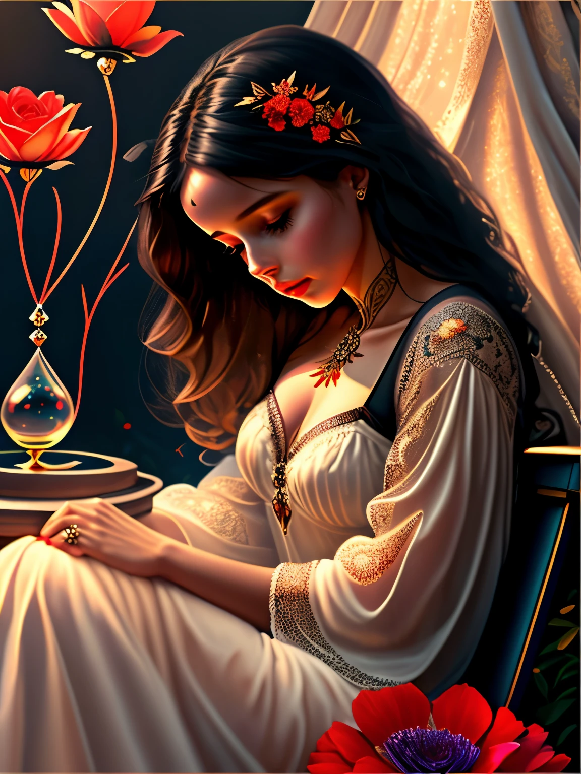 a painting of a red rose on a black background, amazing fantasy art, rich deep colours masterpiece, awe sublime, gold noble, kisses are wordless spells, dorne, wow it is beautiful, 3d intricate shapes, author unknown, by Penny Patricia Poppycock, very beautiful photo, beautiful avatar pictures, deep colour\'s, ad image, maroon red, (masterpiece), best quality, expressive eyes, perfect face, highly detailed, high resolution, beautiful, (masterpiece), best quality, expressive eyes, perfect face, 1 sexy girl in forest clothes, flowers, leaves, mandalas, fractal, Sleeping Beauty, by Bella🦋 full body, beautiful girl sleeping, room with mirror, girl sleeping in bed and sheets, old clock and lamp on the table, full body, black hair, transparent clothes, open legs, view of the pubic hair, 1 sexy girl in see-through forest clothes, exposed breasts, open see-through t-shirt, mandala and flower tattoos, best quality, masterpiece, illustration, very delicate and beautiful, highly detailed, CG, Unity, 8k wallpaper , ridiculous, huge file size, very wide lens, soft lighting, Sleeping Beauty, by Bella🦋 full body, beautiful sleeping girl, full body, black hair, transparent clothing, slight smile, legs open, pubic hair view, 1 girl sexy in transparent forest clothes, exposed breasts, open transparent t-shirt, tattoos of mandalas and flowers, transparent clothes, transparent clothes showing the naked body, beautiful vagina, vagina with soft hairs, closed eyes, Latin girl sitting on a bench park, girl sitting on a garden bench, oil painting, floating hourglass, ((hourglass in woman's hand)), latin tanned skin, full moon night sky, falling autumn leaves, autumn leaves in the wind, black and brown hair, long hair floating in the wind, girl looking at an hourglass, nsfw,(( Felicity Jones)), (sensual), (Extremely beautiful), (erotic:1.2), (sublime:1.0 ), (Extremely sensitive:1.0), (wise and understanding:1.2), (feminine:1.2), (intricate: 1.2), (masterpiece). ),Extremely detailed, hyper-