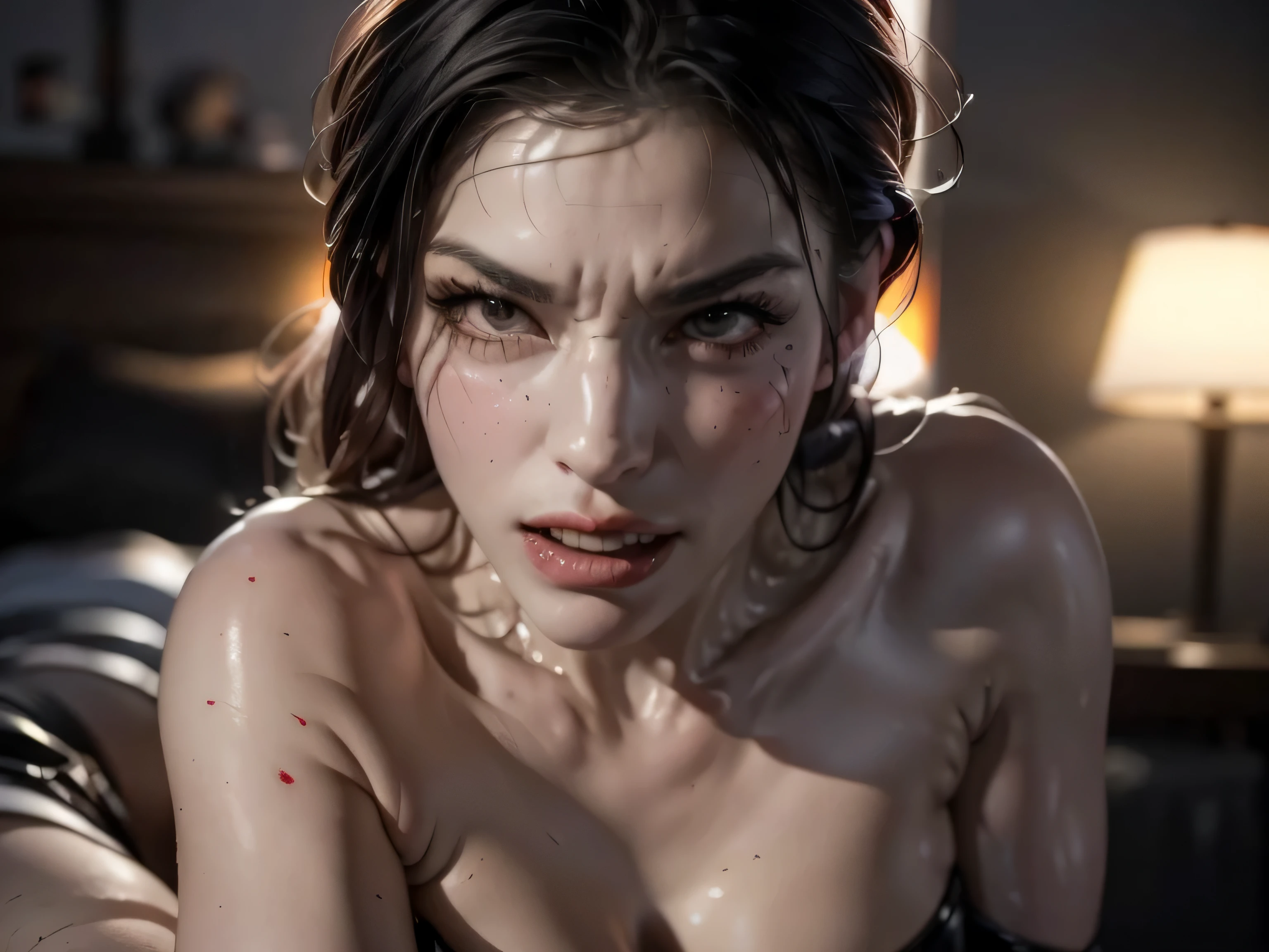 On a bed, she is biting into a man's penis with her sharp fangs, she is also a cannibalistic sexual demon, she has a perfect face with full libs and razor-sharp fangs, They are in a old creepy house in the bedroom and she is on top of the man, realistic blood on the man'loody, and violent, Her Full body is shown on a bed with a man as she is on top of him biting into his with her sharp fangs, realistic blood, perfect eyes, Perfect anatomy, realistic, gore, realistic skin and flesh, she is a vampire who feeds on innocent men, she is a virgin killer, she is biting deep and hard into his with her sharp vampire fangs, blood is dripping from his , she is trying to bite his off so that she can eat it, she has very sharp vampire fangs, she has a perfect athletic body, she is skinny with small perky boobs, she has abs and defined muscles, her skinny body is perfectly proportioned, she has a crazy look in her eyes, she is a sexy sadistic addict , a sexy tight dress with Long black stockings, she also is wearing black high heels with red bottoms, there is blood everywhere as she is biting into his with her sharp fangs. She has a perfect face, perfect eyes, and perfect bone structure, she has a skinny body with defined abs and muscle