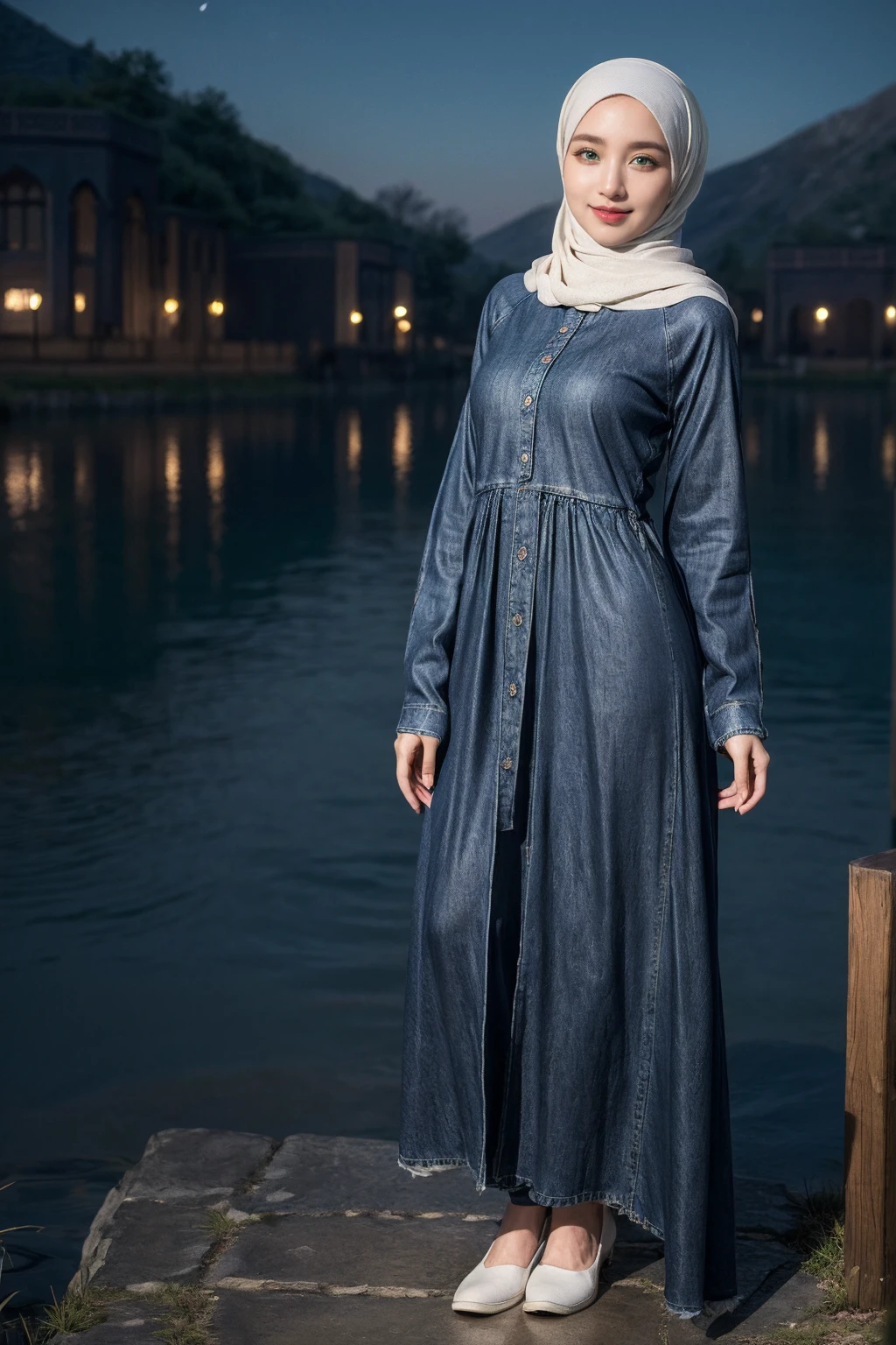 (Hijab:1.5), Shy Smile, ((Midnight, Best Quality, 8K, Masterpiece :1.3)), Full Body, Long Legs covered with Jeans, Sharp Focus :1.2, Slim Abs :1.1, ((Dark Brown Hijab)), (White Skinny Abaya, Denim Longs, Standing : 1.2), (Night View, lake: 1.3)), Highly detailed face and skin texture, fine eyes, double eyelids,