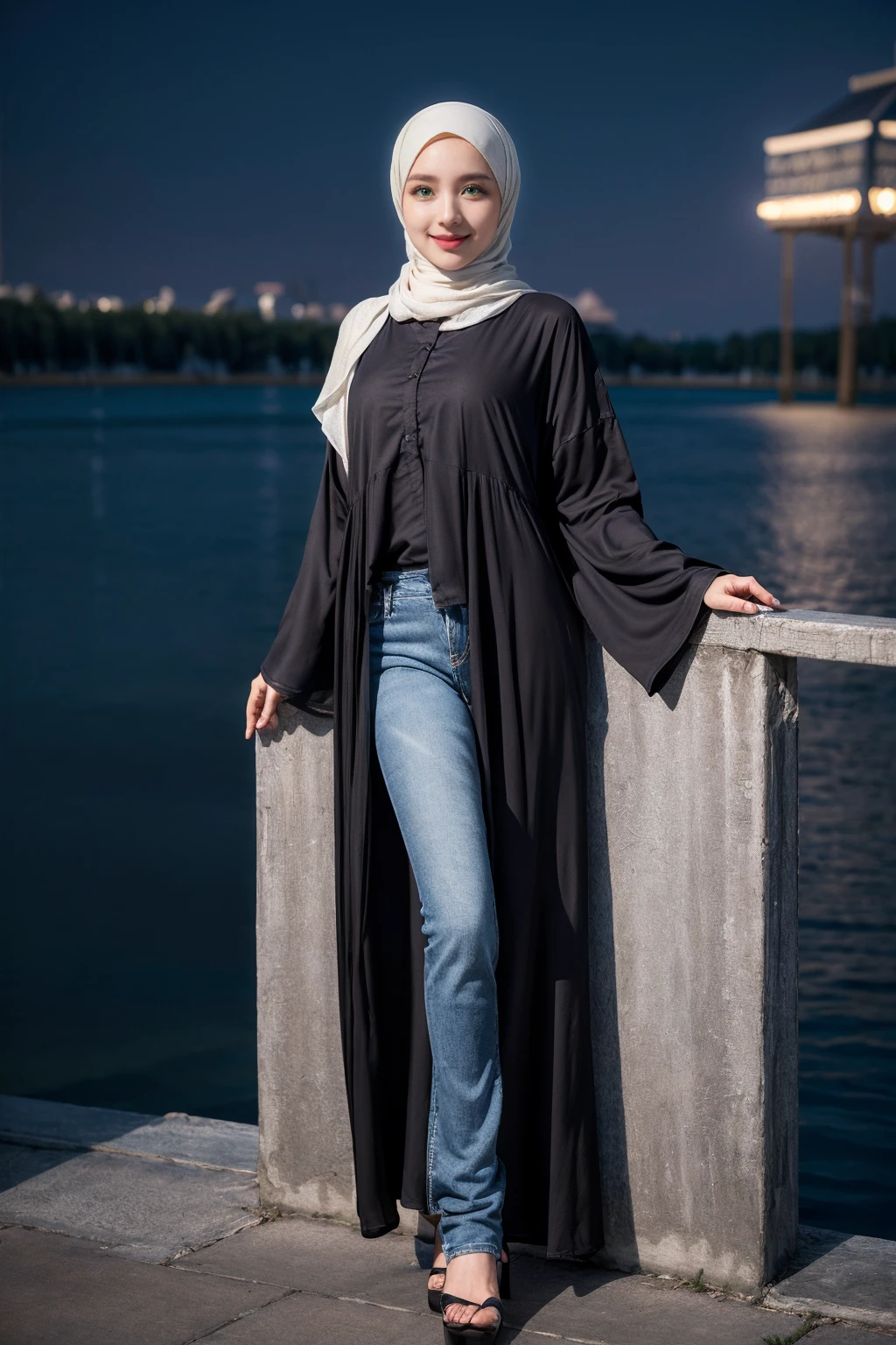 (Hijab:1.5), Shy Smile, ((Midnight, Best Quality, 8K, Masterpiece :1.3)), Full Body, Long Legs covered with Jeans, Sharp Focus :1.2, Slim Abs :1.1, ((Dark Brown Hijab)), (White Skinny Abaya, Denim Longs, Standing : 1.2), (Night View, lake: 1.3)), Highly detailed face and skin texture, fine eyes, double eyelids,