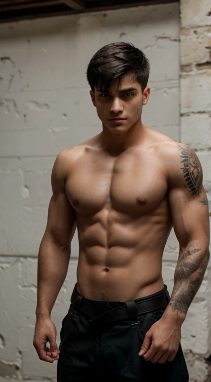 Harry Potter black belt and swordman, 18 years old, low taper fade haircut, black hair, intense green eyes rectos, intense gaze, affiliated features, small, straight nose,no facial hair, height 1.90, weight 96 kg, muscular build, broad shoulders, V-shaped body, tattoos in Arms , full body focus, completely hairless,