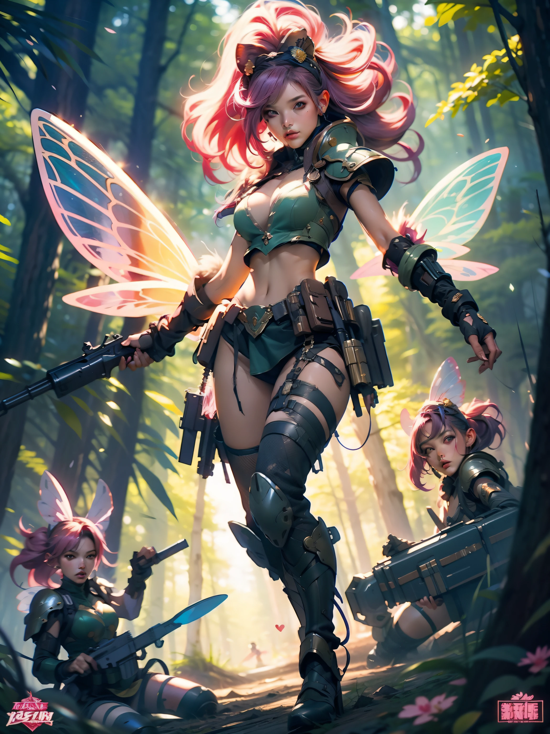 A pink haired Tuff Warrior Fairy Female, 2 extremely large translucent violet elegant fairy wings, wearing a pink tutu and panties, and combat fatigues and tan pink black and gold colored marine miliary armor, forest village dystopian word at war, fairy fighting like mad with machine guns in hand to restore order 24k resolution, hyperdetailed photorealistic, sci-fi impressionist art style