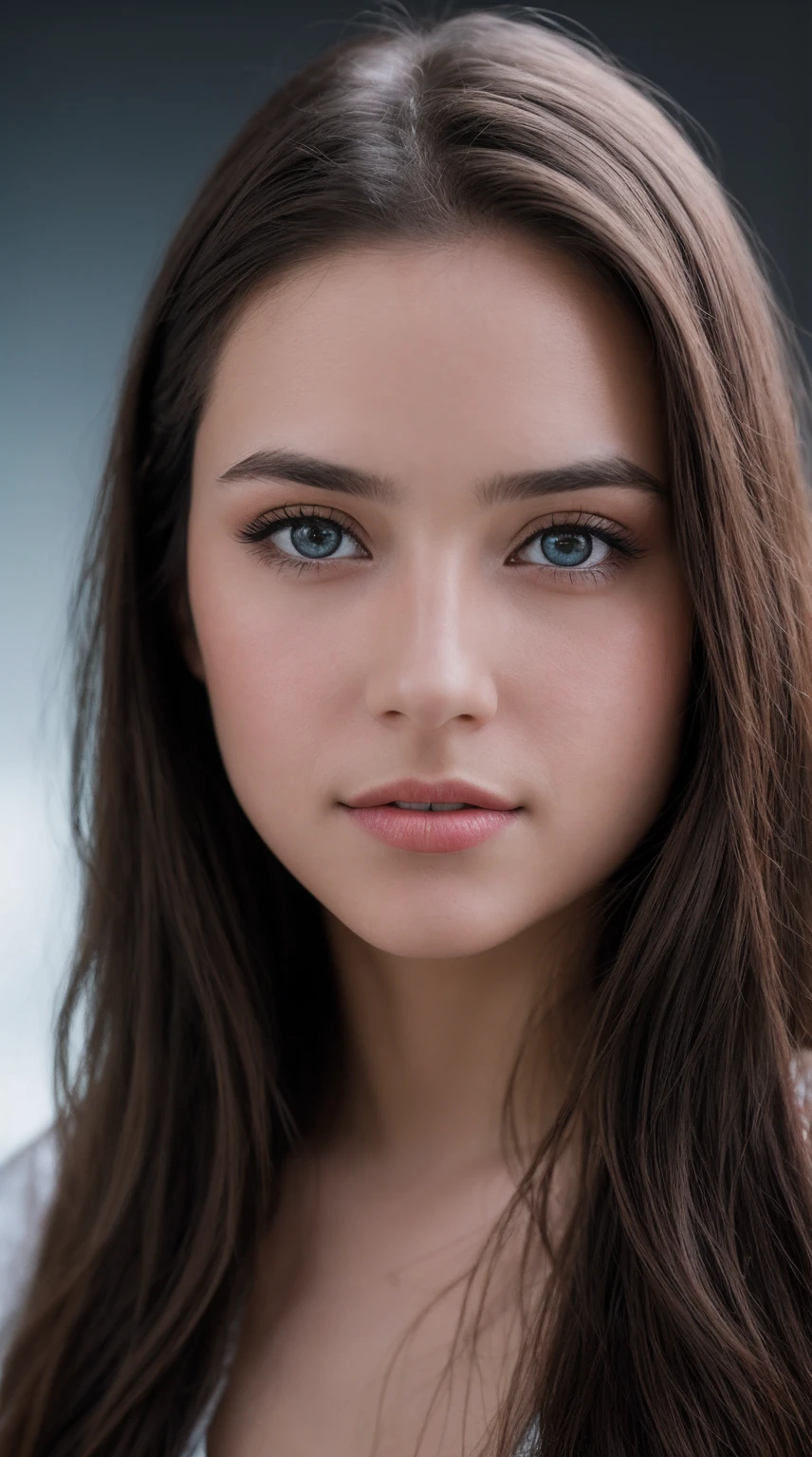 a Realistic photo of a d4k0t4 woman, long hair, looking at viewer, blue eyeackground, brown hair, white background, closed mouth, portrait, realistic, soft lighting, professional Photography, Photorealistic, detailed, inside a dark Studio Room background, blurred background, RAW, analog, sharp focus, 8k, HD, DSLR, high quality, Fujifilm XT3, film grain, award winning, masterpiece