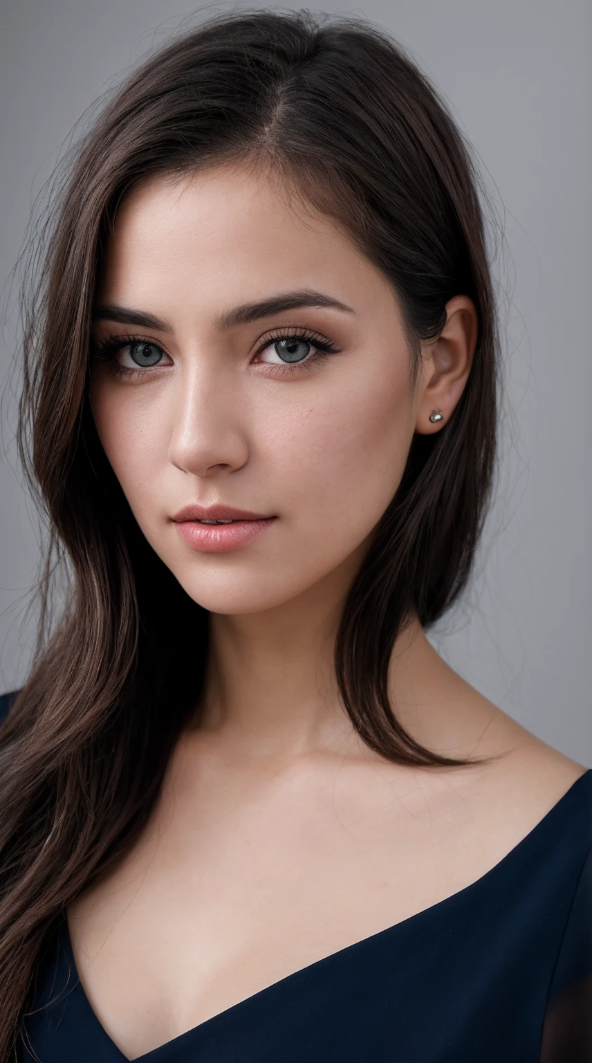 a Realistic photo of a d4k0t4 woman, long hair, looking at viewer, blue eyeackground, brown hair, white background, closed mouth, portrait, realistic, soft lighting, professional Photography, Photorealistic, detailed, inside a dark Studio Room background, blurred background, RAW, analog, sharp focus, 8k, HD, DSLR, high quality, Fujifilm XT3, film grain, award winning, masterpiece