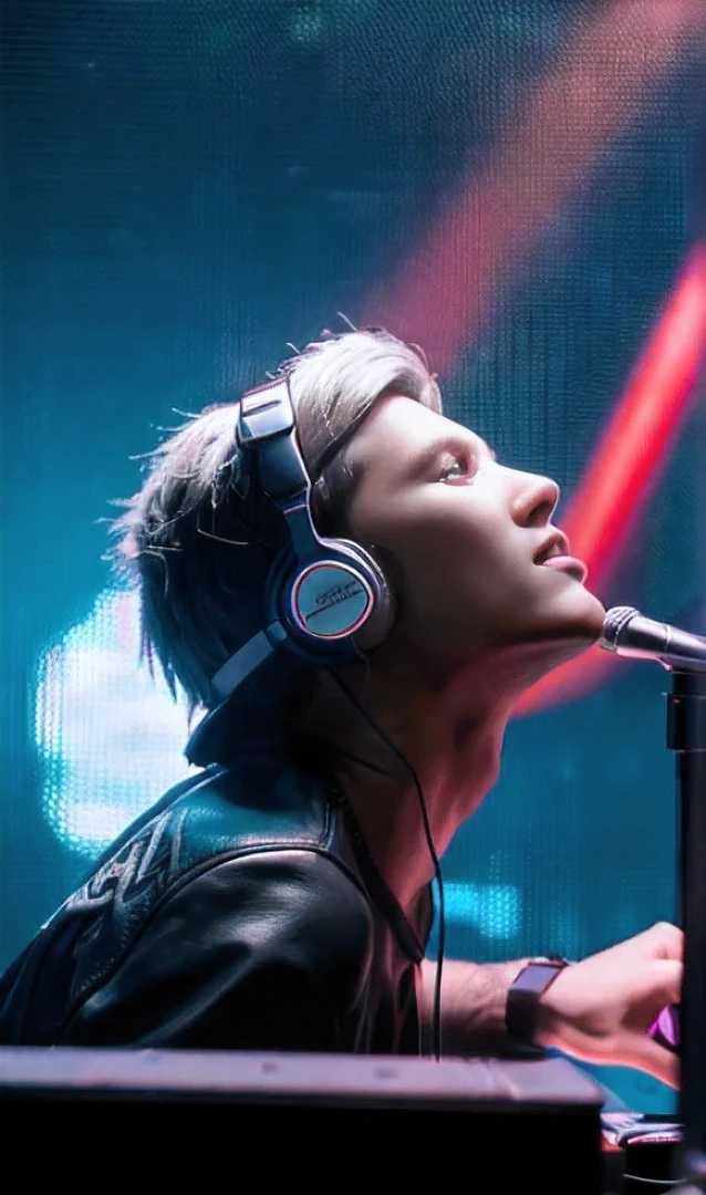 avicii who is an EDM artists whois holding a 3D texts " waiting for love ", on the Dj stage, the headphone is on the head, the DJ table is infornt of him, masterpieces, grey hair, high detail, sparkle, image fill, halftone, wide shot, caustics, Ultra-Wide Angle, UHD, masterpiece, anatomically correct, high details, high quality, 1080P