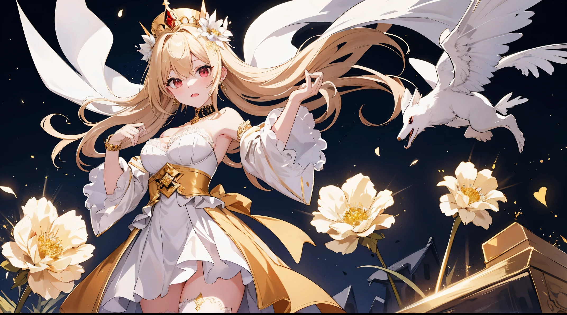 ((tmasterpiece:1.4, Best quality at best))+, (hyper-detailing)+, (exquisite red eye:1.5)+, (Detailed ears:1.5), (cute party dress:1.5),(White stockings:1.5), red shawl, Long hair details,Golden Crown,(White flowers:1.2), pale-skinned, (Yellow cloth:1.5), (gold earring:1.5),(queen:1.1), concert,White statue,decoration of gold,Gold belt,Gold bracelet,Golden scepter,(dawn light:1.2), (closeup cleavage:1.1), the only person, Shiny blonde hair, Gloom (Expressing the), from below, Best quality at best, A high resolution, high detal, high high quality, 16k