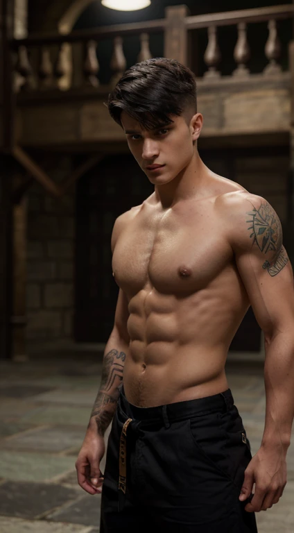 Harry Potter black belt, 18 years old, low taper fade haircut, black hair, intense green eyes rectos, intense gaze, affiliated features, small, straight nose,no facial hair, height 1.90, weight 96 kg, muscular build, broad shoulders, V-shaped body, tattoos in Arms , full body focus, completely hairless,