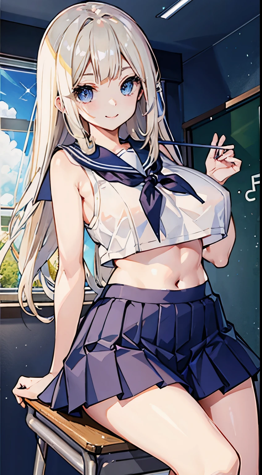 top-quality、realistic touch,high-detail、photoRealstic、thin-waist、captive beauty、big eye、solid platinum-blonde eyelashes、platinum-blonde、full body Esbian、Sparkling eyes、Submissive smile、Flushed cheeks、Kamimei、thin-waist、Voluptuous thighs、Enraptured look、Raked bangs、The forehead is protruding、In the classroom of the school、Random hairstyle、Navel look、She is in estrus、a sailor suit、cocky expression、Colossal tits、Super short skirt with V-line visible、Camera angle from below、Big breasts visible between uniform and stomach、Sleeveless