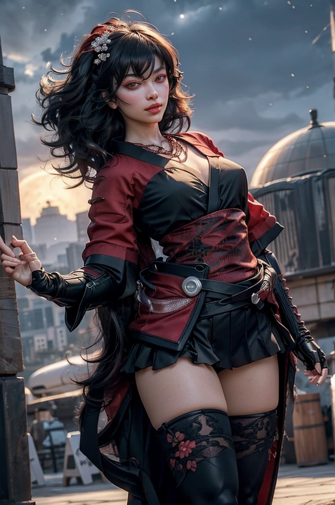 stunning girlfriend, (standing:1.1), dynamic pose, heart shaped face, elegant face, beautiful face, highly detailed face, highly detailed skin, skin pores, subsurface scattering, realistic pupils, loving smile, looking at viewer, full face blush, full lips, detailed background, depth of field, atmospheric perspective, volumetric lighting, sharp focus, absurdres, realistic proportions, good anatomy, (realistic, hyperrealistic:1.4), 16k hdr, 1girl, architecture, bangs, black_hair, black_kimono, breasts, east_asian_architecture, flower, full_moon, hair_between_eyes, hair_flower, hair_ornament, japanese_clothes, kimono, long_hair, looking_at_viewer, moon, moonlight, multicolored_hair, night, night_sky, obi, red_eyes, red_hair, sash, sky, solo, thighhighs