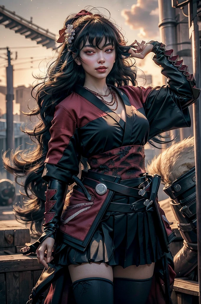 stunning girlfriend, (standing:1.1), dynamic pose, heart shaped face, elegant face, beautiful face, highly detailed face, highly detailed skin, skin pores, subsurface scattering, realistic pupils, loving smile, looking at viewer, full face blush, full lips, detailed background, depth of field, atmospheric perspective, volumetric lighting, sharp focus, absurdres, realistic proportions, good anatomy, (realistic, hyperrealistic:1.4), 16k hdr, 1girl, architecture, bangs, black_hair, black_kimono, breasts, east_asian_architecture, flower, full_moon, hair_between_eyes, hair_flower, hair_ornament, japanese_clothes, kimono, long_hair, looking_at_viewer, moon, moonlight, multicolored_hair, night, night_sky, obi, red_eyes, red_hair, sash, sky, solo, thighhighs