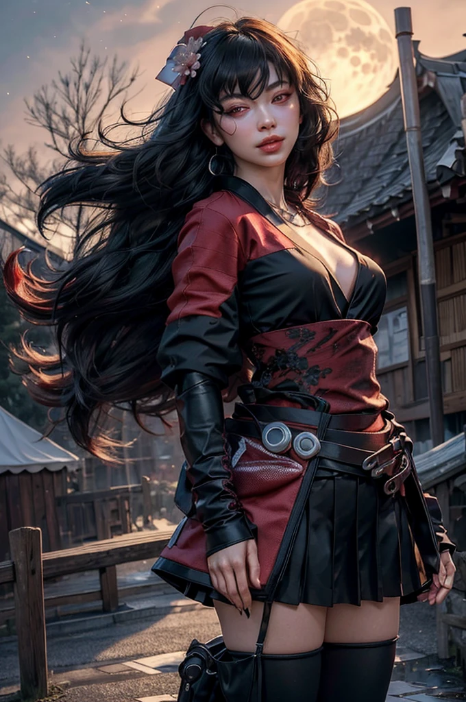 stunning girlfriend, (standing:1.1), dynamic pose, heart shaped face, elegant face, beautiful face, highly detailed face, highly detailed skin, skin pores, subsurface scattering, realistic pupils, loving smile, looking at viewer, full face blush, full lips, detailed background, depth of field, atmospheric perspective, volumetric lighting, sharp focus, absurdres, realistic proportions, good anatomy, (realistic, hyperrealistic:1.4), 16k hdr, 1girl, architecture, bangs, black_hair, black_kimono, breasts, east_asian_architecture, flower, full_moon, hair_between_eyes, hair_flower, hair_ornament, japanese_clothes, kimono, long_hair, looking_at_viewer, moon, moonlight, multicolored_hair, night, night_sky, obi, red_eyes, red_hair, sash, sky, solo, thighhighs