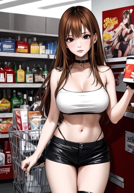 A beautiful woman with long, shoulder-length hair, , beautiful legs, and a sharp face is standing in a supermarket wearing a black tube top that exposes her navel and hot pants shaped like panties.。A middle-aged office worker is standing nearby.。