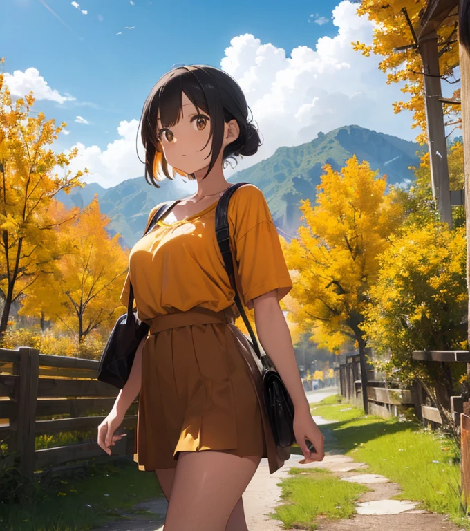 A fantasy world, graphic detail, orange and yellow trees, colossal wall on the horizon,